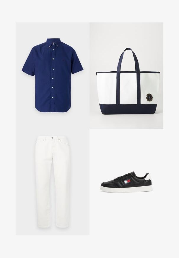 Camisa de botones de manga corta en color azul marino, hecha de algodón. Presenta un cuello tipo collar y un pequeño logo bordado en el pecho.; Pantalones de mezclilla blanca con un diseño de pierna recta. Presenta un clásico diseño de cinco bolsillos, cierre de botón metálico y una ligera textura.; Zapatilla negra de cuero con suela blanca, cordones en la parte frontal y parche de logo con franjas rojas, blancas y azules en el lateral.; Bolso tote hecho de lona blanca con acentos en azul marino. Presenta dos asas resistentes y un parche de logo en la parte frontal. Forma rectangular.