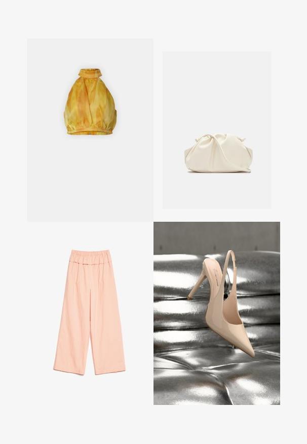 Žltý halter top s nariaseným dizajnom, so stojáčikom a elastickým lemom. Tkanina má hladkú a splývavú textúru s akvarelovým vzorom.; Mäkké ružové nohavice s širokými nohavicami a vysokým zhromaždeným elastickým pásom, vo voľnom strihu, vystavené na bielom pozadí.; Béžová lakovaná kožená sandála na vysokom opätku so štítkom "VEGÁN", položená na kovovo striebornom prešívanom povrchu.; Mäkká krémová kožená kabelka typu clutch so zošitým, nariaseným dizajnom a tenkým ramenným popruhom, ktorý je položený vpredu na jednofarebnom pozadí.