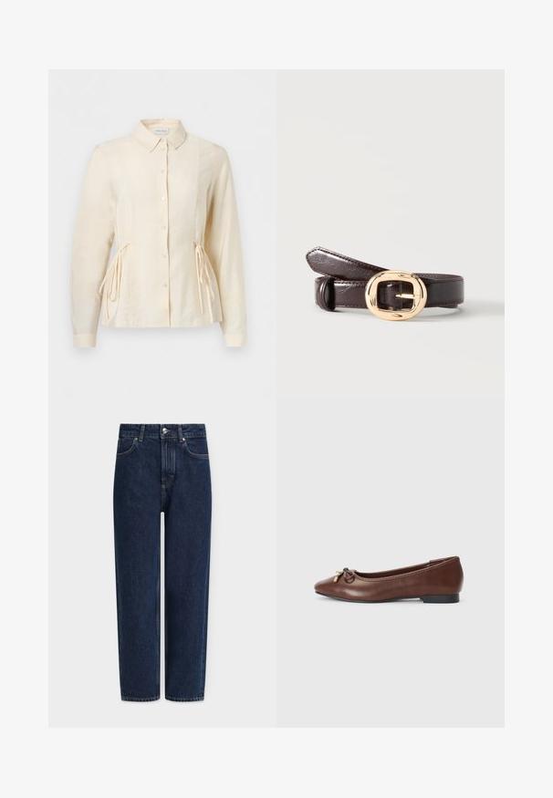 Blouse à manches longues couleur crème avec des boutons sur le devant, un col et des liens latéraux ajustables pour un effet taille cintrée.; Jean en denim bleu foncé à jambe droite, taille haute, fermetures argentées, poches avant et détails de couture subtils. Conception classique à cinq poches.; Ballerines en cuir marron avec un bout rond, un petit talon noir et un nœud décoratif avec des accents dorés à l'avant. Texture lisse.; Ceinture en cuir brun foncé enroulée avec une boucle rectangulaire arrondie dorée et brillante sur un fond uni clair.