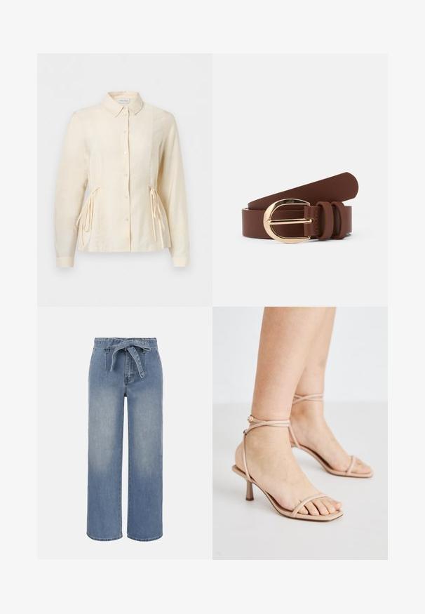 Bluse i cremefarve med lange ærmer, knapper foran, krave og justerbare bånd i siderne for en tætsiddende talje.; Lyseblå jeans med høj talje og vide ben, udstyret med et bundet stofbælte og forlommer, med en let falmet vaskeeffekt.; Nude strop sandals med en tynd ankelrem, et firkantet tådesign og en lille blokhælt. Glat tekstur med minimal detaljering.; Brun læderbælte med en skinnende guldspænde og to lædersløjfer. Glat tekstur, flad design og afrundede ender.