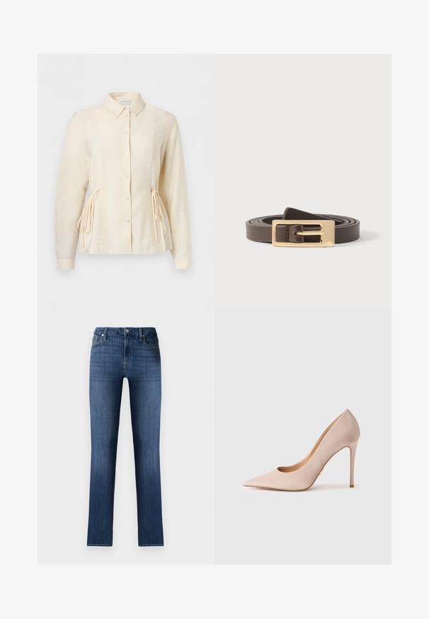 Bluse i cremefarve med lange ærmer, knapper foran, krave og justerbare bånd i siderne for en tætsiddende talje.; Mørkeblå denimjeans med lige pasform, klassisk fem-lomme design, frontknaplukning og subtilt slid, der giver en brugt effekt.; Beige ruskind pumpe med høje hæle, spids tå og udskæringsdesign. Har en slank silhuet og en tynd stiletthæl.; Mørkebrun læderbælte rullet med et poleret rektangulært guldspænde på en hvid baggrund.