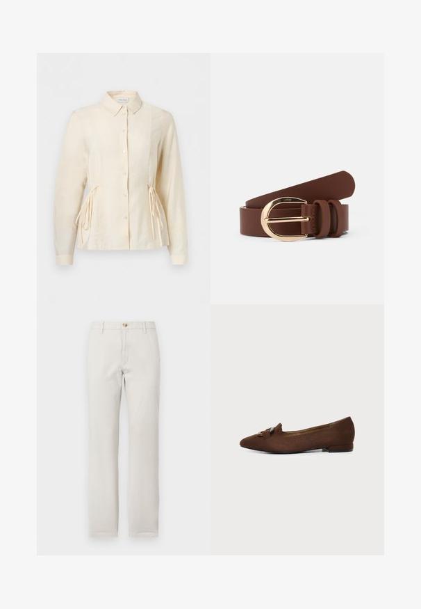 Cremefarbene Langarmbluse mit Knöpfen vorne, Kragen und verstellbaren Seitenschnüren für eine taillierte Passform.; Beige gerade geschnittene Hose mit Gürtelschlaufen, Knopfverschluss vorne und Reißverschluss auf einem schlichten weißen Hintergrund.; Brauner flacher Schuh mit spitzer Kappe und dekorativem Schnallendetail oben, auf schlichtem hellem Hintergrund.; Brauner Ledergürtel mit einer glänzenden goldenen Schnalle und zwei Lederschlaufen. Glatte Textur, flaches Design und abgerundete Enden.