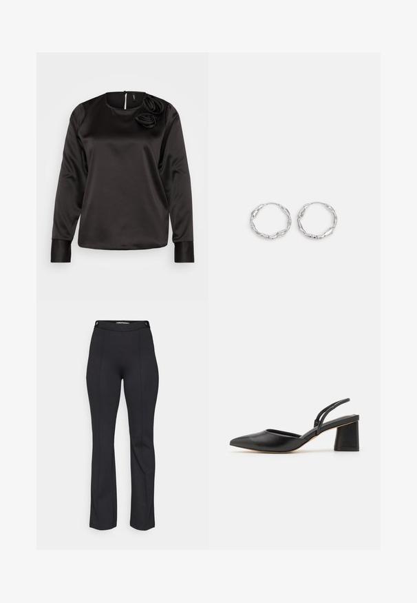 Vero Moda VMLIS O NECK ROSE - Pikkade varrukatega topp - black; Mustad pingutad püksid, millel on vormitud talje, kahel dekoratiivil nupul ja sirge sääre lõige. Valmistatud kergest kangast, mille pind on sile.; Mustast nahast rihmik-kontsaga king, millel on terav nina, madal plokkkonts ja minimalistlik disain, millel on õhukesed rihmad ja sile pind.; Hõbedased rõngaskõrvarõngad, millel on lainejoonega ebaühtlane tekstuur. Omavad õhukest, ümmargust kuju ja peegeldavat pinda.
