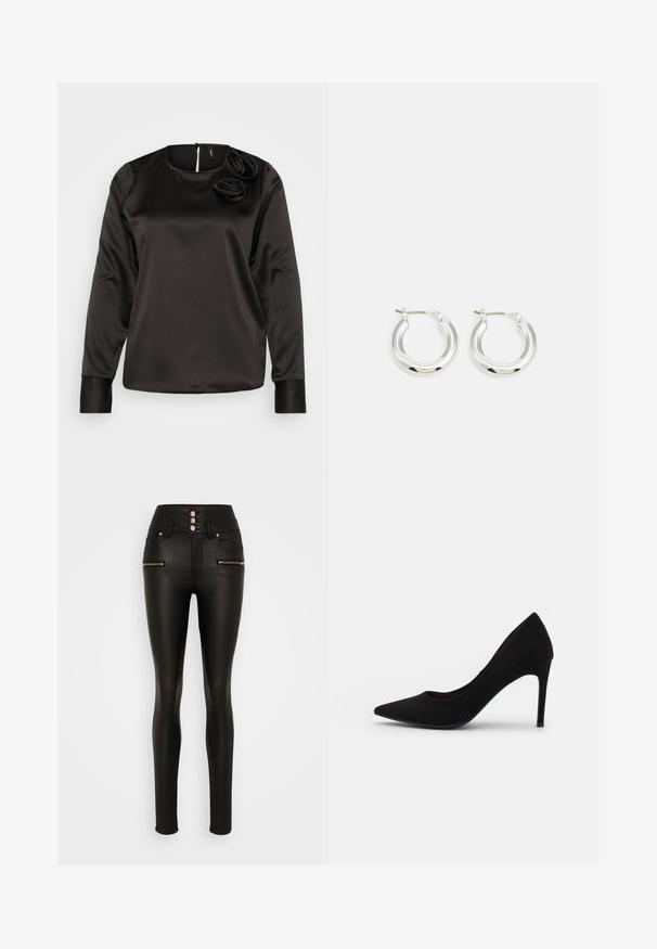 Vero Moda VMLIS O NECK ROSE - Top s dlhým rukávom - black; Vero Moda Tall VMDONNA - Nohavice - black; Čierne semišové lodičky na vysokom opätku s špičatou špičkou, hladkou textúrou a štíhlym stiletto opätkom. Klasický dizajn s elegantným siluetou.; Strieborné kruhové náušnice s lešteným povrchom, ktoré majú kruhový tvar a závesné zapínanie. Hladký povrch s minimálnymi detailmi.