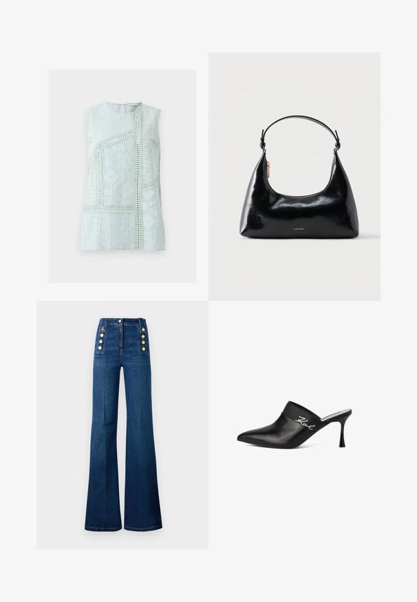 Ärmellose hellblaue Spitzenbluse mit geometrischen und floralen Mustern, rundem Ausschnitt und Knopfverschluss am Rücken mit Schlüsselloch.; Hoch taillierte, ausgestellte Jeans aus dunkelblauer Denim, mit goldenen Knopf-Akzenten an den Seiten und einer glatten Textur.; Schwarze Leder-Mule mit spitzer Zehe und Stiletto-Absatz. Verfügt über ein breites Band mit silberner Schrift auf der Seite. Glatte Textur.; Schwarze, glänzende Calvin Klein Handtasche mit goldfarbenem Reißverschluss und kurzem Trageriemen vor schlichtem weißem Hintergrund.