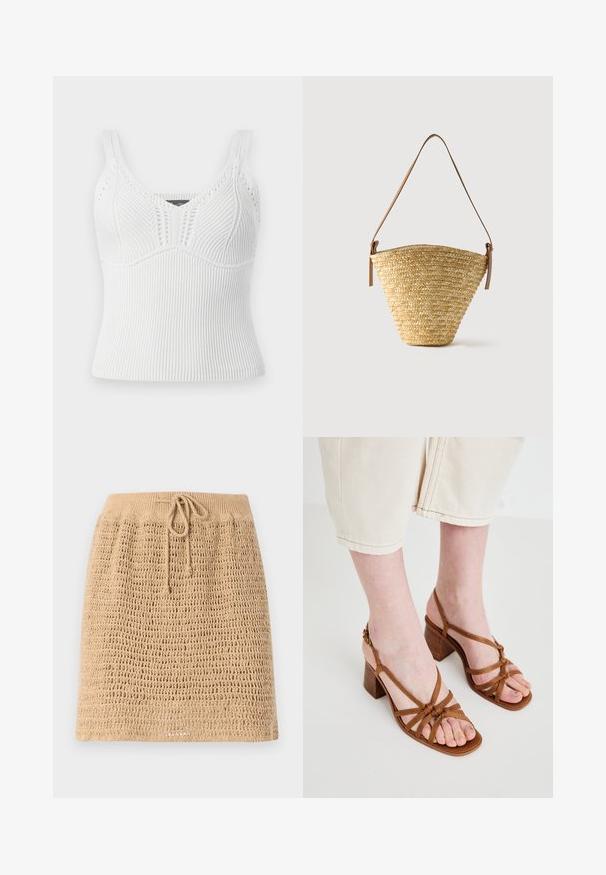 Weißes geripptes Stricktanktop mit breiten Trägern, präsentiert ein strukturiertes Muster und eine figurbetonte Silhouette, ausgelegt für eine enge Passform.; Beige Strickrock mit einem strukturierten, offenen Maschenmuster. Verfügt über einen verstellbaren Kordelzugbund. Der Saum ist gerade.; Braune Riemchen-High-Heelsandalen mit einem klobigen Absatz, ausgestattet mit geknoteten Riemen und einem offenen Zehendesign. Texturierte Sohle und verstellbarer Knöchelriemen.; Geflochtene Strohtasche in Eimerform mit breiter Basis, schmaler Oberseite und verstellbarem braunem Leder-Schulterriemen.