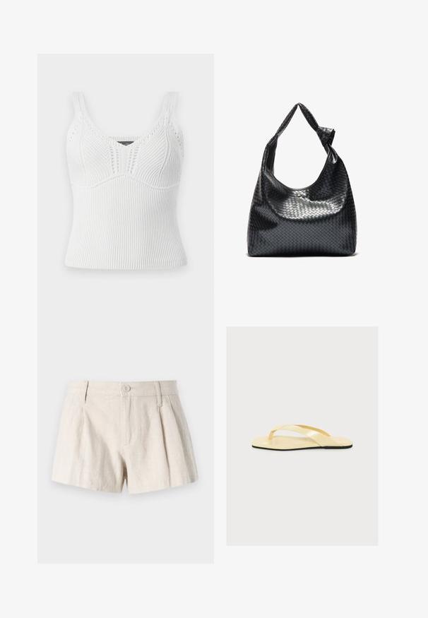 Weißes geripptes Stricktanktop mit breiten Trägern, präsentiert ein strukturiertes Muster und eine figurbetonte Silhouette, ausgelegt für eine enge Passform.; Leinen-Shorts in einem hellbeigen Farbton, mit einem plissierten Design, vorderem Knopfverschluss und einer glatten, strukturierten Oberfläche.; Beige flache Flip-Flop-Sandale mit gekreuzten Riemen und dünnem Zehensteg auf schwarzer Sohle, von der Seite auf weißem Hintergrund gezeigt.; Schwarze gewebte Lederhandtasche mit lässigem Design, ausgestattet mit einem geknoteten Trageriemen und einem kleinen dekorativen goldenen Nagel am oberen Rand.