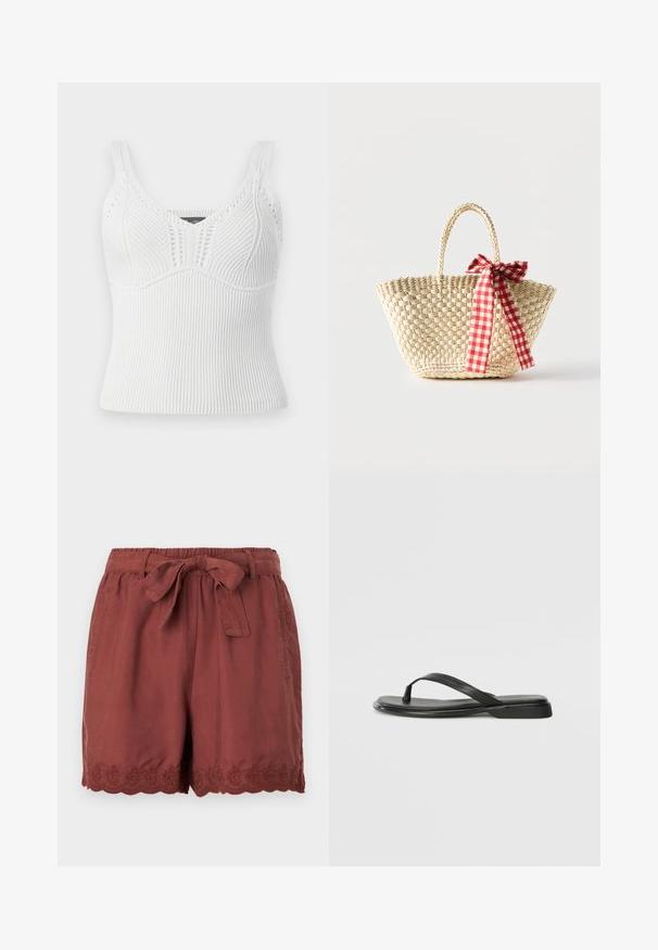 Hvid ribbet strikket tanktop med brede stropper, har et tekstureret mønster og en tætsiddende silhuet, designet til en tæt pasform.; Rustrøde shorts lavet af letvægtsstof, med en elastisk talje og snøring samt detaljeret bølget broderi ved kanten.; Sorte flip-flops lavet af glat læder, med et tyndt remdesign og en flad sål med et minimalt profil. Ingen bemærkelsesværdige mønstre eller accenter.; Flettet stråtaske med fletninger til håndtagene og et rødt og hvidternet bånd bundet som en sløjfe på den ene side.