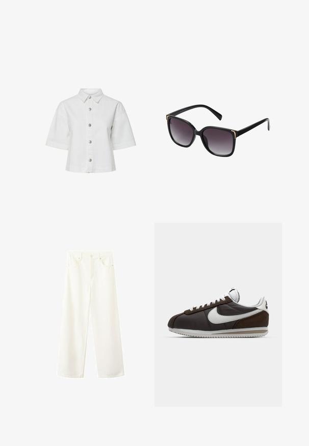 Chemise blanche à manches courtes avec un col pointu et cinq boutons argentés visibles sur le devant.; Jean blanc en denim à taille haute et jambes larges, doté de cinq poches, passants pour ceinture, et fermeture par bouton et zip.; Baskets Nike marron et gris avec accents blancs ; matériaux en cuir et en daim ; semelles texturées ; lacets gris ; design rétro classique.; Lunettes de soleil noires avec des verres gris dégradés, monture carrée surdimensionnée avec des détails dorés aux coins, et branches noires élégantes.