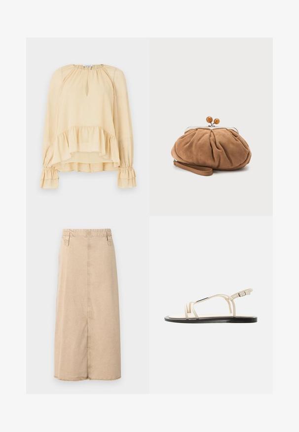 Blouse beige à manches longues avec des paillettes subtiles, décolleté en forme de trou de serrure, ourlet volanté et poignets froncés à volants sur un fond uni.; Jupe en denim beige d'une longueur mi-mollet, avec un ourlet effiloché, deux poches latérales et des accents cousus sur la taille.; Sandale plate beige avec fines brides, accent argenté sur la bride supérieure et boucle réglable sur la bride de cheville, semelle noire.; Petit sac pochette en daim marron doux avec tissu froncé, fermoir métallique, accents de perles en bois et bracelet pour poignet sur fond blanc.