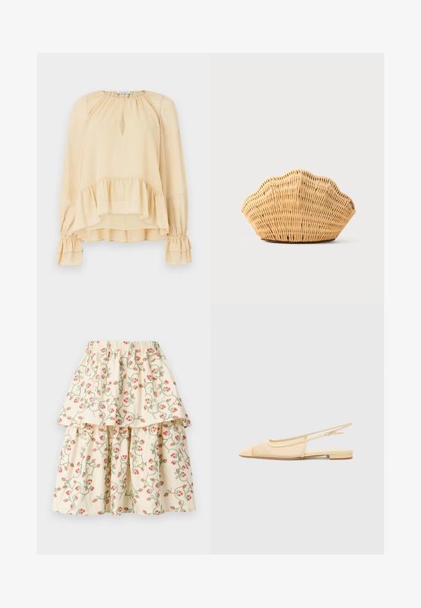 Blusa beige de manga larga con sutiles destellos, escote en forma de ojal, dobladillo con volantes y puños con volantes fruncidos sobre un fondo liso.; Falda de capas color crema con un patrón floral de fresas rojas y enredaderas verdes. Cintura elástica para mayor comodidad y ajuste.; Zapato plano tipo slingback en beige claro con parte superior de malla, punta afilada y tacón bajo. Cuenta con una correa ajustable para un mejor ajuste.; Bolso de mano de ratán tejido con forma de concha de vieira, de color marrón claro natural y bordes redondeados y texturizados.