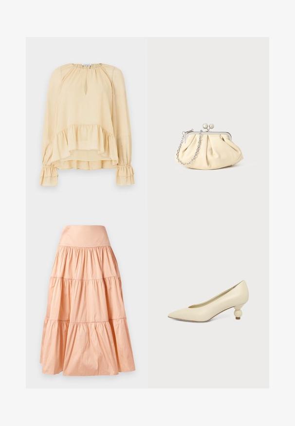 Blouse beige à manches longues avec des paillettes subtiles, décolleté en forme de trou de serrure, ourlet volanté et poignets froncés à volants sur un fond uni.; Jupe en cascade de couleur pêche, fabriquée dans un matériau léger. Elle présente une large taille élastique et une texture douce plissée sur l'ensemble.; Chaussure femme couleur crème à bout pointu avec un petit talon rond en forme de boule, sur fond uni.; Pochette en cuir beige plissé avec un cadre en métal argenté, dotée de deux fermoirs ronds décoratifs et d'une chaîne en argent.