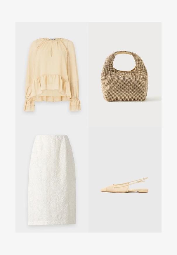 Langærmet beige bluse med diskrete glimt, hjerteformet udskæring, flæset kant og samlede flæseærmer på en ensfarvet baggrund.; Knelang hvid nederdel med et tekstureret blomstermønster, der har hævede rosedesigns og en subtil glans. Enkel, lige silhuet.; Slingback fladsko i lys beige med en mesh-overdel, spids tå og en lav hæl. Har en justerbar strop for bedre pasform.; Lille håndtaske i guldtone dækket af skinnende runde nitter med kort håndtag og rektangulært udskåret hul øverst.