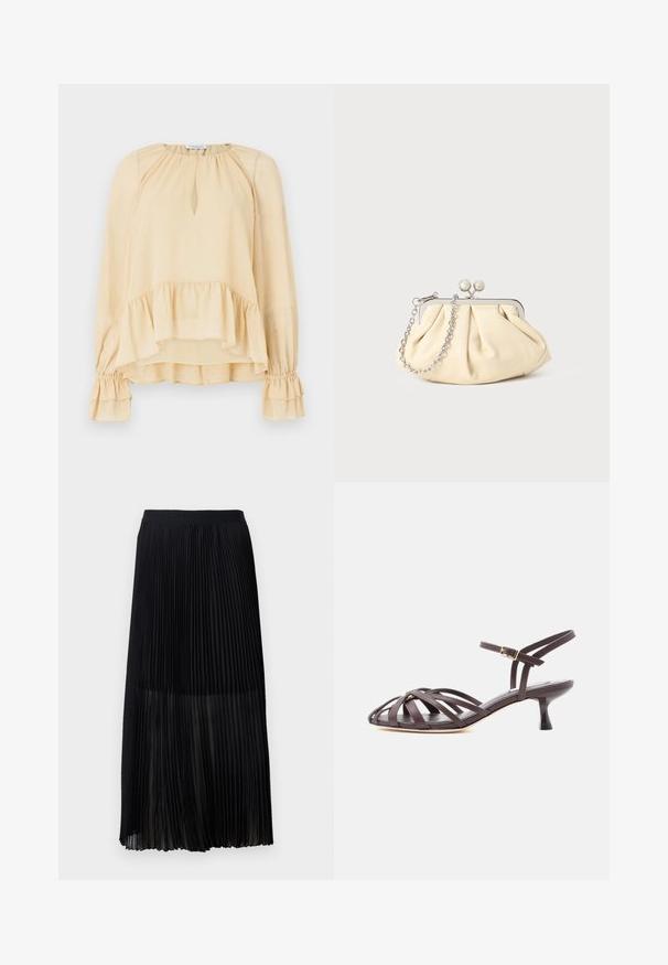 Lange mouwen beige blouse met subtiele sparkles, keyhole halslijn, gerimpelde zoom en gathered gerimpelde manchetten op een effen achtergrond.; Zwarte geplooide midi-rok met een gladde, elastische tailleband en doorschijnende overlay, met fijne verticale plooien door de stof.; Donkerbruine leren sandaal met bandjes en kitten heel, verstelbare gesp rond de enkel, op witte achtergrond.; Geplooide beige leren clutch met een zilveren metalen frame, voorzien van twee ronde decoratieve sluitingen en een zilveren kettingriem.