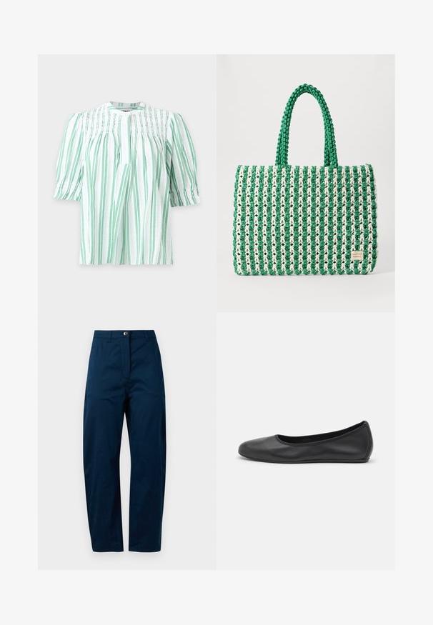 Blusa blanca con rayas verticales en verde claro, detalle fruncido en el pecho, mangas cortas abullonadas y escote redondo con abertura frontal.; Pantalones azul marino con un diseño de pierna recta, que presentan un cierre frontal con botón, dos bolsillos laterales y un acabado de tela suave y texturizada.; Bailarina de piel negra con punta redondeada, textura suave, detalle de costura minimalista y diseño de suela flexible.; Bolso tote trenzado en verde y blanco con una forma rectangular estructurada, acabado texturizado y dos asas resistentes. Presenta una etiqueta con el logo en el costado.