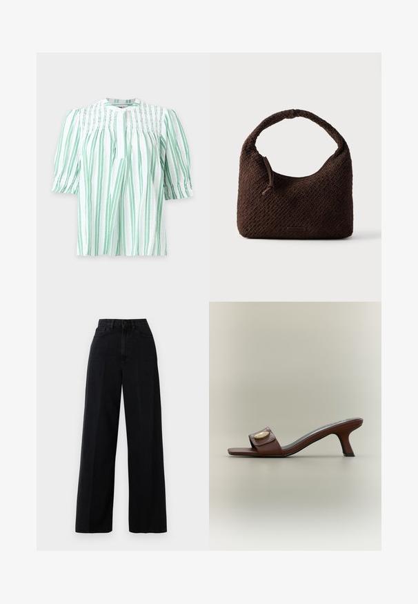Hvid bluse med lodrette lysegrønne striber, smocked detaljer på brystet, korte pufærmer og rund halsudskæring med en frontslids.; Sorte wide-leg jeans lavet af denim, med høj talje, forlommer og knaplukning. Stoffet har en glat tekstur.; Brun læder mule med åben tå, lav buet hæl og bred rem med en gylden dekorativ detalje.; Brun flettet håndtaske med rundt håndtag, lavet af tekstureret materiale. Har lynlås lukning og en lille logo detalje.