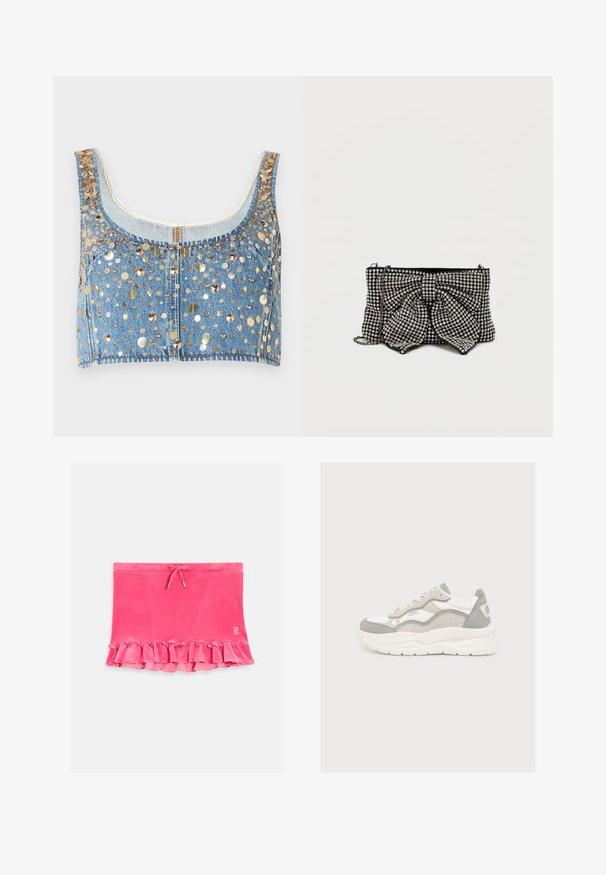 FRAME THE CHAMPAGNE - Top - gold coloured; Roze fluwelen rok met gerimpelde zoom, koord taille en zilveren accenten. Gladde textuur met een casual ontwerp.; Witte en lichtgrijze sneaker met dikke zool, veters aan de voorkant en geperforeerd zijpaneel, zijaanzicht op een effen achtergrond.; Zwarte clutch met een grote strik, versierd met zilveren studs, met een kettinghengsel en een gestructureerd oppervlak dat het licht vangt.