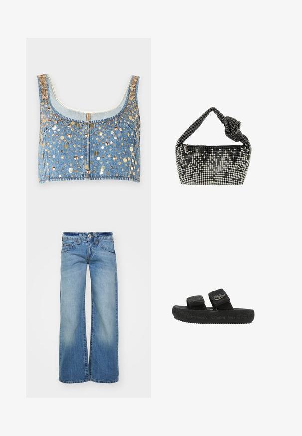 FRAME THE CHAMPAGNE - Top - gold coloured; Hellblaue weit geschnittene Jeans aus Denim-Stoff mit einer ausgewaschenen Optik, fünf Taschen und einem Knopfverschluss mit Gürtelschlaufen.; Schwarze Slidesandalette mit zwei verstellbaren Riemen, die mit kleinen glänzenden Nieten und einem Metalllogo am oberen Riemen verziert sind.; Schwarze und silberne Perlenhandtasche mit einem geknoteten Griff, ausgestattet mit einem Reißverschluss und einem Muster, das durch kontrastierende Perlen und Texturen geschaffen wird.