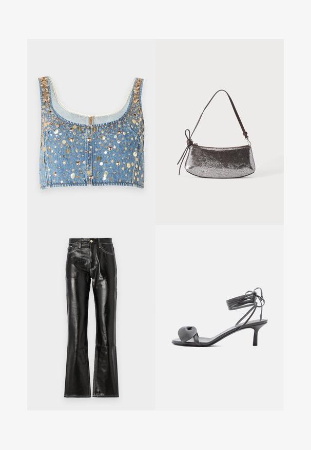 FRAME THE CHAMPAGNE - Débardeur - gold coloured; Pantalon noir taille haute évasé en matériau brillant avec des coutures blanches contrastantes et une fermeture éclair à l'avant. Comprend deux poches avant.; Sandale à talon en cuir gris avec une bride nouée sur les orteils et des lacets enroulants autour de la cheville, sur un talon moyen et fin, sur fond blanc.; Petit sac à main argenté métallique avec une surface texturée, une courte sangle marron foncé et un nœud décoratif noué d'un côté.