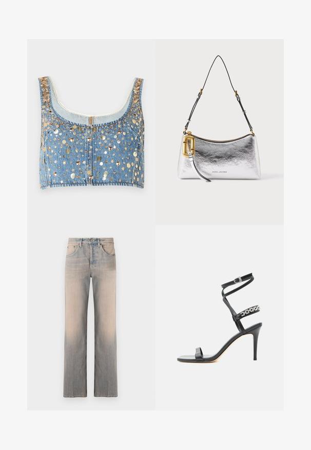 FRAME THE CHAMPAGNE - Débardeur - gold coloured; Jean en denim bleu clair avec une coupe droite, comportant des poches avant, une décoloration subtile et une taille standard avec un bouton en métal.; Sandale noire à talon haut avec fine bride à la cheville, bride médiane décorée de maillons de chaîne argentés, et design à bout ouvert.; Sac à bandoulière métallisé argenté Marc Jacobs avec sangle noire réglable, fermeture éclair dorée et grande boucle décorative dorée sur fond blanc.