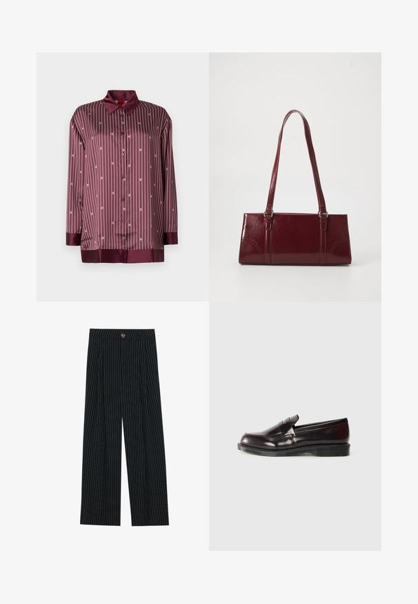 Chemise en satin bordeaux avec des rayures blanches verticales et de petits motifs de logo. Elle présente un col pointu et des manches longues avec fermeture à boutons.; Pantalons large à rayures noires en tissu texturé, dotés d'une fermeture à bouton sur le devant et d'un design plissé pour un intérêt supplémentaire.; Mocassins en cuir bordeaux avec une surface lisse, un détail de couture surélevé et une semelle en caoutchouc. Conçus avec un bout arrondi et un matériel minimal.; Sac à main bordeaux en matériau brillant, de forme rectangulaire, avec deux anses et des accents légèrement courbés à l'avant.