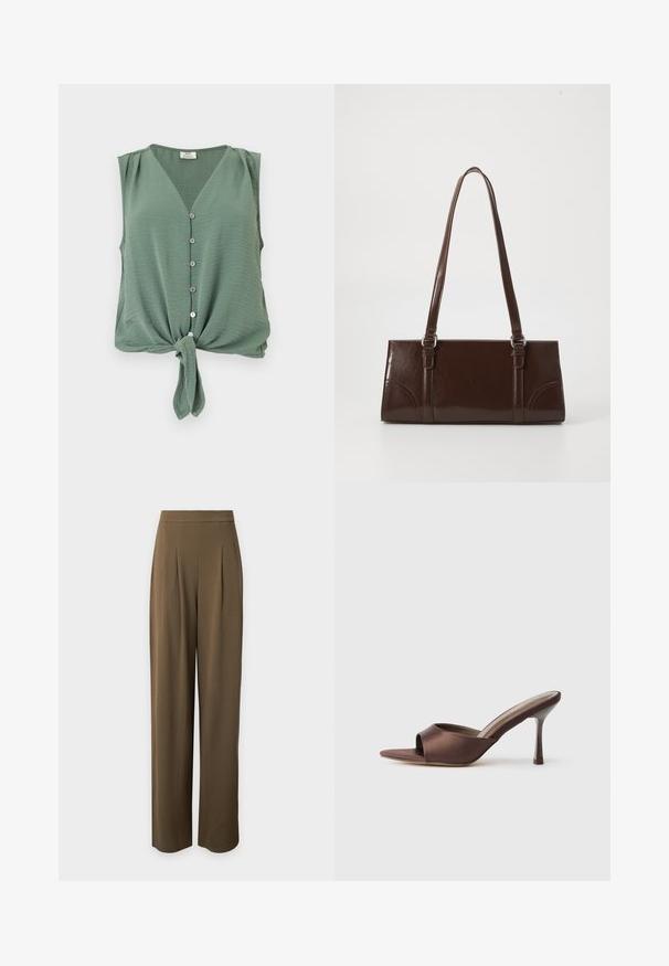 Blouse verte sans manches à boutons, col en V et nœud devant, en tissu léger texturé.; Pantalon marron à jambes droites et taille haute, avec plis à l'avant et une ceinture lisse, présenté sur un fond uni clair.; Mule en satin marron à bout ouvert avec un talon fin de hauteur moyenne et une conception à enfiler sur fond blanc uni.; Sac à main en cuir verni marron de forme rectangulaire, avec deux longues poignées et des accents courbés subtils à l'avant.