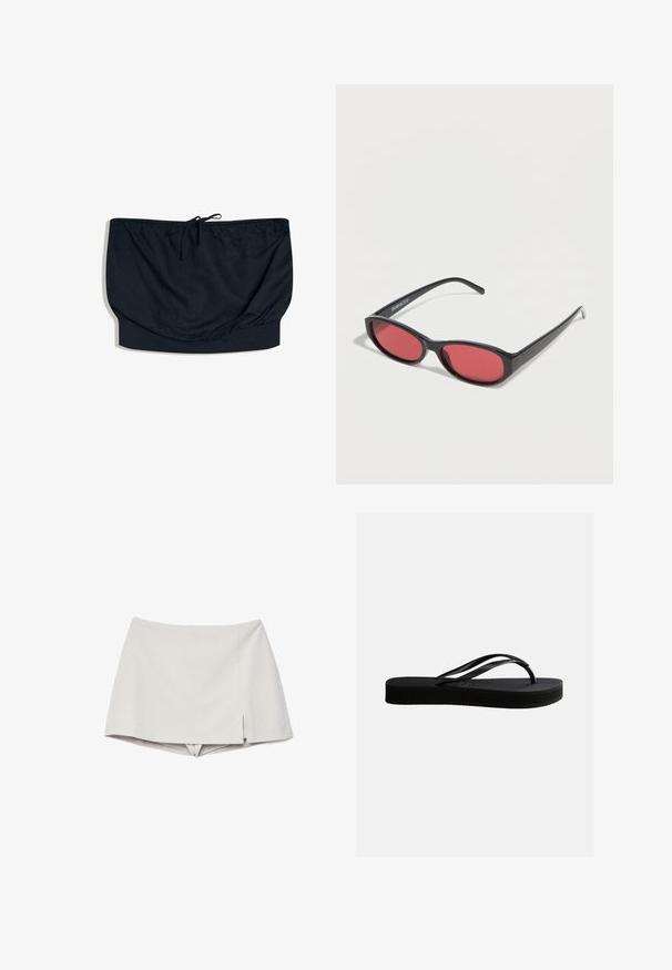 Čierny bezramínkový bandeau top so sťahovacou šnúrkou v strede a širokou elastickou páskou na spodnej časti.; Béžový skort s vysokým pásom, s malým predným rozparkom na pravej strane, spájajúci vzhľad sukne s kraťasmi pod ňou.; Čierna gumená žabky s textúrovanou podrážkou a Y-tvarovaným remienkom, zobrazené z boku na svetlom jednoduchom pozadí.; Čierne oválne slnečné okuliare s tenkými ramenami a červenými tónovanými šošovkami ležia na bielom povrchu.