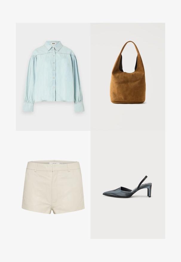 Lichtblauw denim shirt met een knoopsluiting aan de voorkant, een brede kraag en opgeblazende lange mouwen. De stof lijkt zacht met een lichte glans.; Beige leren shorts met een gladde textuur, voorzien van een aansluitende taille, riemlussen en subtiele stiksels aan de voorkant. Eenvoudig, hedendaags ontwerp.; Zwarte slingback hak met een puntige neus, een gladde satijnen afwerking en een slanke hak van 7,5 cm. Open zijkantontwerp met minimale stikdetails.; Bruine suède hobo-tas met een brede band en zachte, nonchalante structuur, afgebeeld tegen een eenvoudige lichte achtergrond.