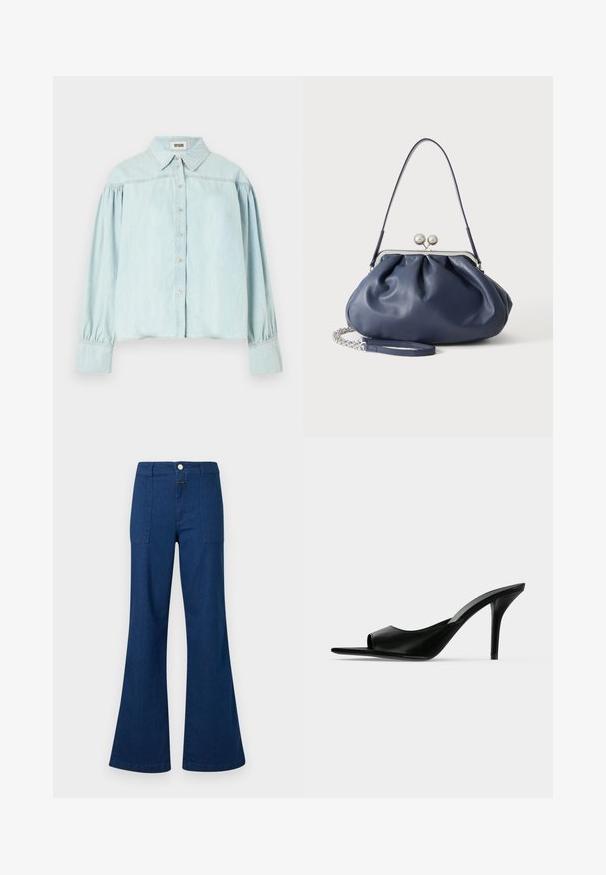 Chemise en denim bleu clair avec une patte de boutonnage sur le devant, un col à pointes et des manches longues bouffantes. Le tissu semble doux avec une légère brillance.; Jean en denim bleu foncé à taille haute, coupe évasée, avec poches plaquées à l'avant et fermeture par boutons, présenté sur un fond blanc.; Mule à talon haut en cuir noir à bout ouvert avec un talon stiletto fin, vue de profil sur un fond uni.; Sac à main en cuir bleu marine doux avec fermeture à boucle argentée, une seule bandoulière, et une chaîne de poignet amovible sur fond blanc.