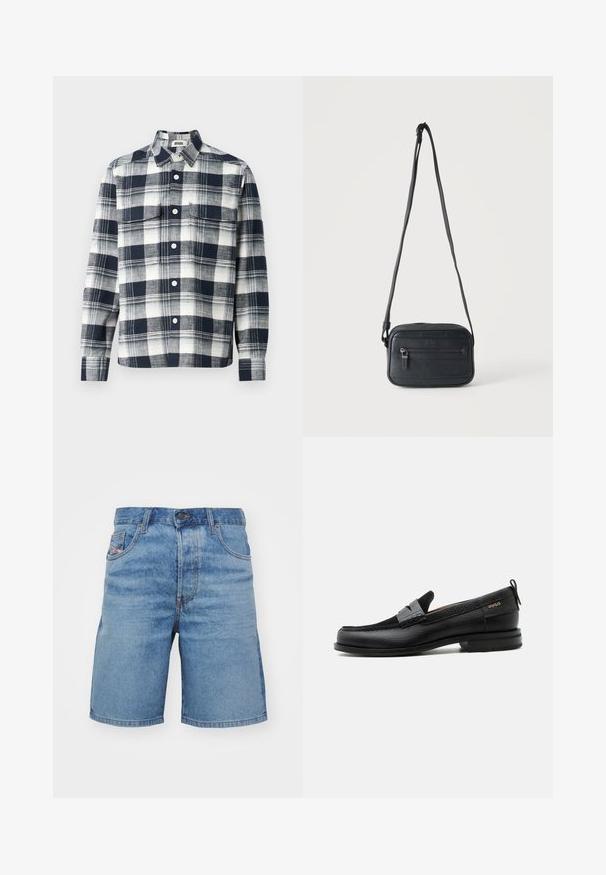 Chemise à carreaux en tissu bleu marine et blanc. Elle possède un col boutonné, une poche avant et des manches longuettes.; Shorts en denim bleu clair avec une coupe classique, un léger délavage, un design à cinq poches et des coutures couleur cuivre. Comprend une fermeture à bouton à l'avant.; Mocassin en cuir noir avec détail de bride grise, talon bas et semelle texturée, marqué "HUGO" en or sur le côté.; Sac bandoulière noir avec une poche zippée à l'avant, surface texturée et bandoulière réglable suspendu sur un fond clair uni.