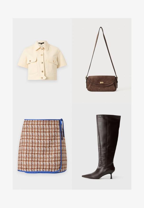 Chemise beige courte à manches courtes recadrée, avec col, boutons dorés à l'avant et deux poches poitrine à rabat boutonné sur fond uni.; Jupe en tissu tissé à motif à carreaux marron et blanc avec des bordures bleues. Présente un lien sur le côté et un tissu texturé pour un détail supplémentaire.; Botte en cuir marron, hauteur genou, avec un bout pointu et un talon fin. Texture lisse et design élégant, arborant une silhouette minimaliste.; Sac bandoulière en daim marron avec une longue sangle réglable et une fermeture à tour dorée sur le rabat avant.