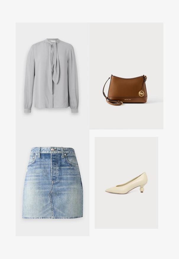Lysegrå langærmet bluse med høj hals og bindedetalje foran, med rynkede manchetter og glat stoftekstur.; Denimnederdel i lyseblå vask, med høj talje og tætsiddende design, frynset kant og klassisk fem-lomme-stil. Søjlehardware i sølv.; Kremfarvet pump med spids tå og lav, unik pæreformet hæl på ensfarvet hvid baggrund.; Brun læder skuldertaske fra Michael Kors med justerbar rem og gyldent MK-logo vedhæng på ensfarvet baggrund.