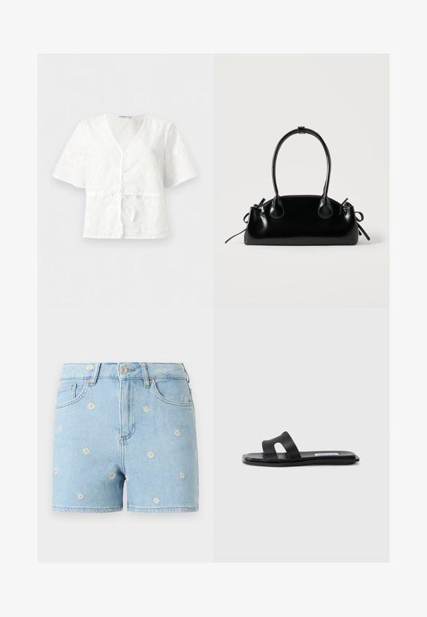 Blouse blanche à manches courtes avec col en V, petits boutons sur le devant, ceinture à la taille et motif floral brodé sur le tissu.; Shorts en denim bleu clair avec des marguerites blanches et jaunes brodées, bouton frontal, fermeture éclair et design à cinq poches.; Sandale plate noire avec deux larges brides, un détail découpé sur une des brides et une finition lisse mate. Semelle fine et flexible.; Petit sac à main noir brillant avec deux longues anses et des détails à cordon sur les côtés sur un fond clair uni.