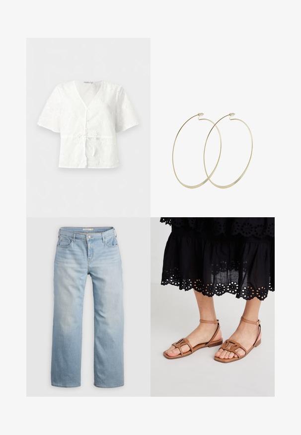 Witte blouse met korte mouwen, V-hals, kleine knopen aan de voorkant, strik in de taille en een geborduurd bloemenpatroon op de stof.; Lichtblauwe wijde jeans van denim. Heeft een hoge taille, vijf zakken en contrasterende stiksels. Gladde textuur met een vervaagde afwerking.; Lichtbruine leren sandalen met een platte zool, voorzien van gestructureerde banden en een verstelbare enkelgesp, gecombineerd met een zwarte oogjesrok.; Pilgrim Oorbellen - gold-coloured