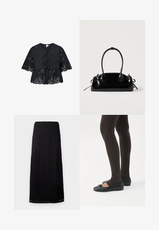 Zwarte blouse met korte, brede mouwen, voorzien van een V-hals, strik aan de voorkant en een fijn gaatjespatroon aan de zoom en mouwen.; Zwarte kanten midi-skirt met bloemenpatroon, rechte snit en subtiele textuur, gepresenteerd tegen een effen witte achtergrond.; Benen met donkere geribbelde leggings gecombineerd met zwarte ballerina's met kleine strikdetails op een witte achtergrond.; Kleine zwarte glanzende handtas met twee lange hengsels en zijkant trekkoord details op een effen lichte achtergrond.