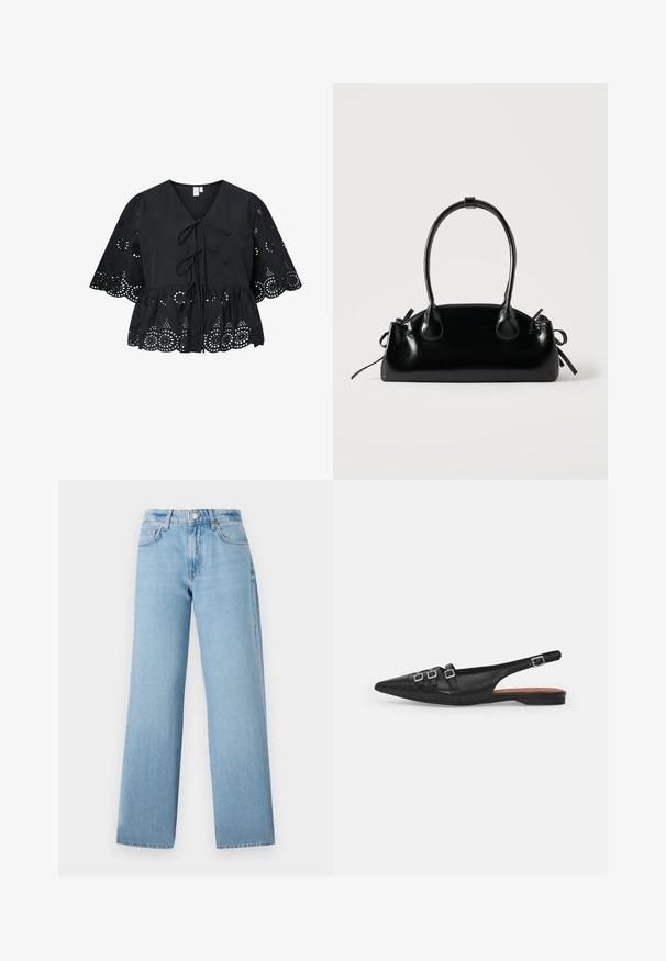 Schwarze Bluse mit kurzen, weiten Ärmeln, ausgestattet mit einem V-Ausschnitt, einer Bindung vorne und einem filigranen Lochmuster am Saum und den Ärmeln.; Helle blaue weit geschnittene Jeans aus Denim, mit hoher Taille, fünf Taschen und einem Knopfverschluss mit Reißverschluss.; Schwarze Leder-Slingback-Ballerina mit spitzem Zeh, ausgestattet mit zwei horizontalen Riemen und quadratischen silbernen Schnallen, mit flachem Absatz und glatter Oberfläche.; Kleine schwarze glänzende Handtasche mit zwei langen Griffen und seitlichen Kordelzug-Details vor einfachem hellem Hintergrund.