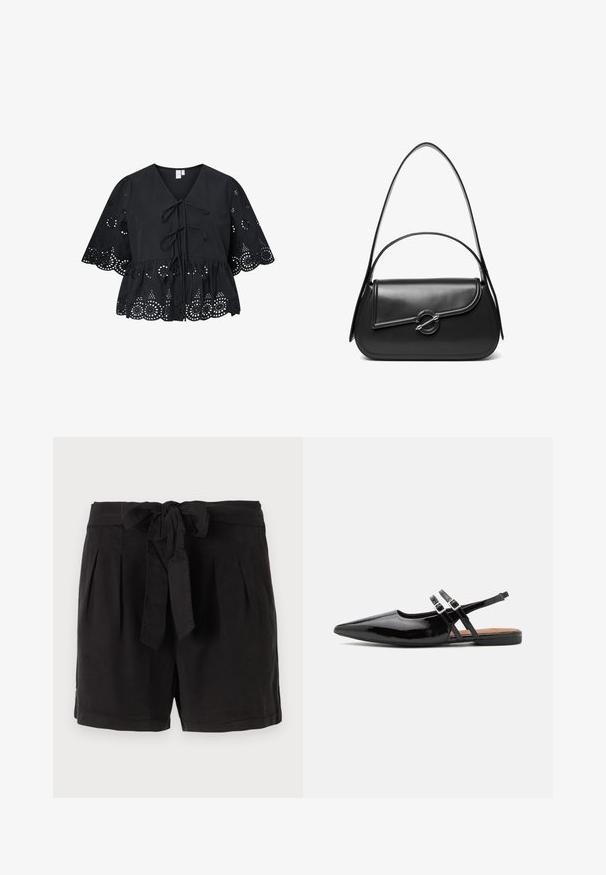 Zwarte blouse met korte, brede mouwen, voorzien van een V-hals, strik aan de voorkant en een fijn gaatjespatroon aan de zoom en mouwen.; Zwarte katoenen shorts met een strikgordel in de taille, plooien aan de voorkant en zijzakken. Gladde textuur en casual ontwerp.; Zwarte gepatineerde leren slingback schoenen hebben een spitse neus, twee banden met gespsieraden en een platte zool.; Zwarte leren schoudertas met een gebogen klep die is bevestigd met een ronde metalen sluiting en een smalle, verstelbare band.