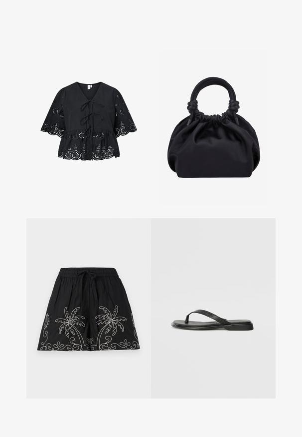 Schwarze Bluse mit kurzen, weiten Ärmeln, ausgestattet mit einem V-Ausschnitt, einer Bindung vorne und einem filigranen Lochmuster am Saum und den Ärmeln.; Schwarze Baumwollshorts mit elastischem Bund und Kordelzug. Verziert mit weißen, gestickten Palmen-Designs entlang des Saums.; Schwarze Flip-Flops aus glattem Leder, mit einem dünnen Riemendesign und einer flachen Sohle mit minimalem Profil. Keine bemerkenswerten Muster oder Akzente.; Schwarze weiche Stoffhandtasche mit gerafftem oberen Rand und runden, gepolsterten Griffen, die auf jeder Seite mit Knoten gebunden sind.