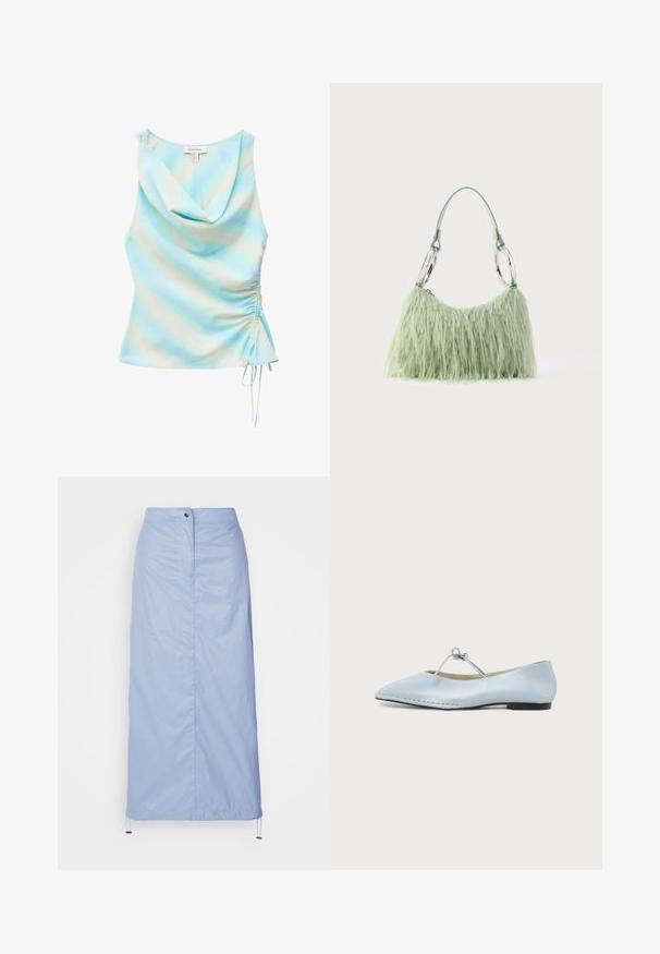 Mouwloze lichtblauwe en witte tie-dye top met watervalhalslijn en verstelbare geplooide zijkantstouw.; Lichtblauwe, middellange rok van soepel, lichtgewicht materiaal met een rechte snit, beschikt over een sluiting met knopen aan de voorkant en een koord in de zoom.; Lichtblauwe platte schoen met spitse neus, een dunne gestrikte band over de bovenkant en een kleine zwarte hak.; Groene handtas van nepbont met een afgeronde vorm, voorzien van een gladde mintgroene handgreep en zilverkleurige, ronde metalen details.