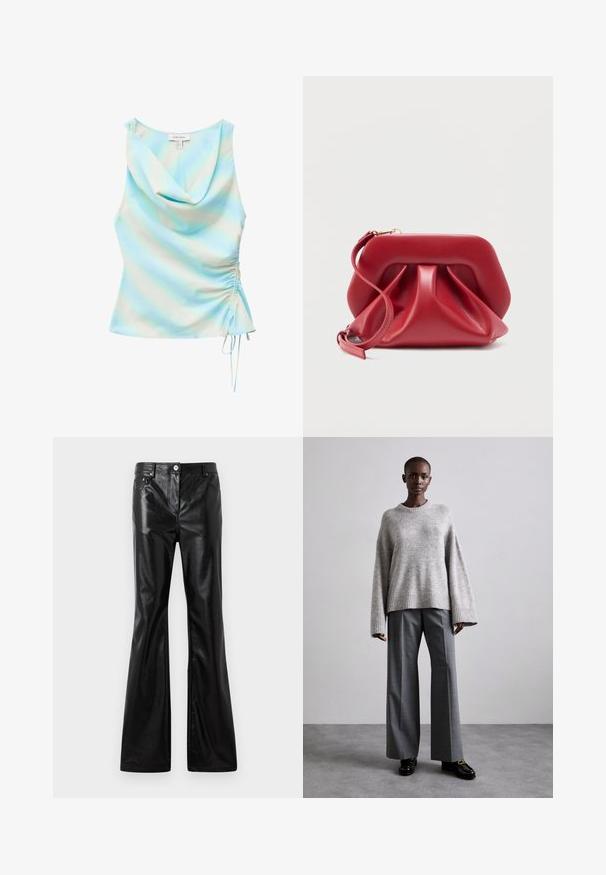 Mouwloze lichtblauwe en witte tie-dye top met watervalhalslijn en verstelbare geplooide zijkantstouw.; Rabanne Wijde jeans - black; Grijze gebreide trui met brede mouwen en geribbelde onderrand, gecombineerd met hoge grijze broeken met een subtiel ruitenpatroon en zwarte loafers.; Rode leren clutch met een gestructureerd frame en geplooid ontwerp, voorzien van een afneembare polsband en een sluiting in goudkleur.