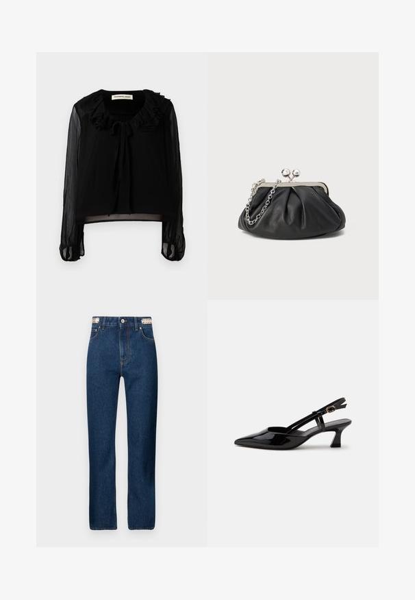 Schwarze Bluse mit langen Ärmeln, rüschigem Ausschnitt und Bindeband. Hergestellt aus durchsichtigem Material mit tailliertem Oberteil und gerafften Ärmeln.; Rabanne Jeans Straight Leg - dark blue denim; Schwarzer Slingback-Pumps aus Lackleder mit spitzer Spitze und verstellbarem goldfarbenem Riemen auf weißem Hintergrund.; Schwarze Leder-Clutch mit geraffter Textur, silberfarbener Metallrahmen, Druckverschluss und Kettenriemen. Glatte, weiche Oberfläche.