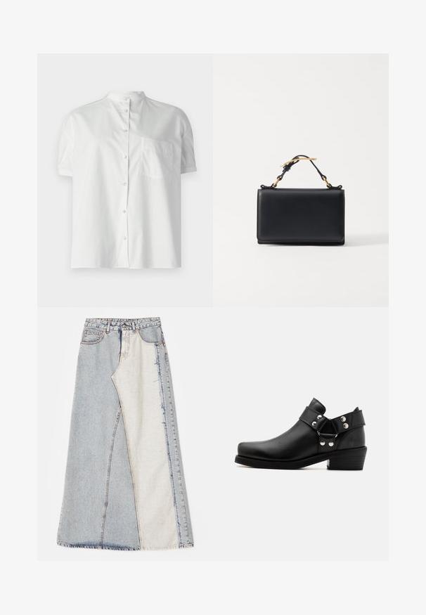 Witte overhemd met korte mouwen en een Mandarin-kraag, met voorknopen en een enkele borstzak. Gemaakt van gladde stof met een lichte glans.; Denim rok met een patchworkontwerp bestaande uit lichte en middelblauwe secties, rafelige zomen en een hoge taille. Klassiek vijf-pocket model.; Zwarte leren enkelboots met een ronde neus, zilveren hardwareaccenten, een lage gestapelde hak en twee verstelbare banden aan de zijkanten.; Zwarte leren handtas met een rechthoekige vorm, voorzien van een bovenhandvat en gouden hardware accenten. Glad oppervlak, minimalistisch ontwerp.