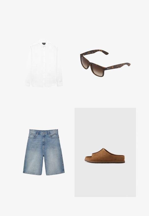 Langärmliges weißes Hemd mit Button-Down-Kragen und vorderen Knöpfen, flach auf weißem Hintergrund dargestellt.; Hellblaue Denim-Shorts mit geradem Schnitt verfügen über fünf Taschen, einen Reißverschluss und eine leicht ausgewaschene Textur.; Brauner Wildleder-Slidesandalette mit offenem Zehendesign, flacher Gummisohle und dezentem Logodetail an der Seite. Durchgehend glatte Textur.; Schildpatt-Sonnenbrille mit braunen Verlaufslinsen, rechteckiger Form, dicken Rahmen und einem silbernen Logo-Akzent an der Seite.