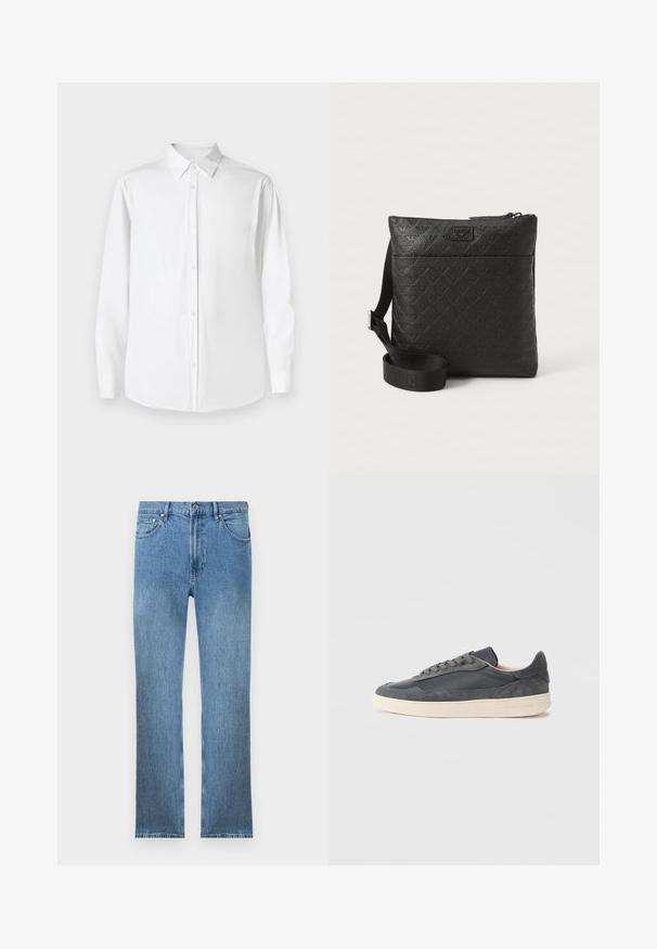 Weißes Langarmhemd mit Point-Kragen, aus glattem Stoff gefertigt, mit klassischer Passform und vorderem Knopfverschluss.; Hellblaue Jeans aus Denim mit geradem Schnitt, fünf Taschen, einem Reißverschluss und kontrastierender Naht. Der Stoff hat eine glatte, strukturierte Oberfläche.; Dunkelgraue Sneakers aus Leder und Wildleder mit niedrigem Schnitt, ausgestattet mit einer cremefarbenen Gummisohle und flachen Schnürsenkeln.; Schwarze Umhängetasche aus strukturiertem synthetischem Material. Mit Reißverschluss, verstellbarem Tragegurt und geprägtem Logo auf der Vorderseite.