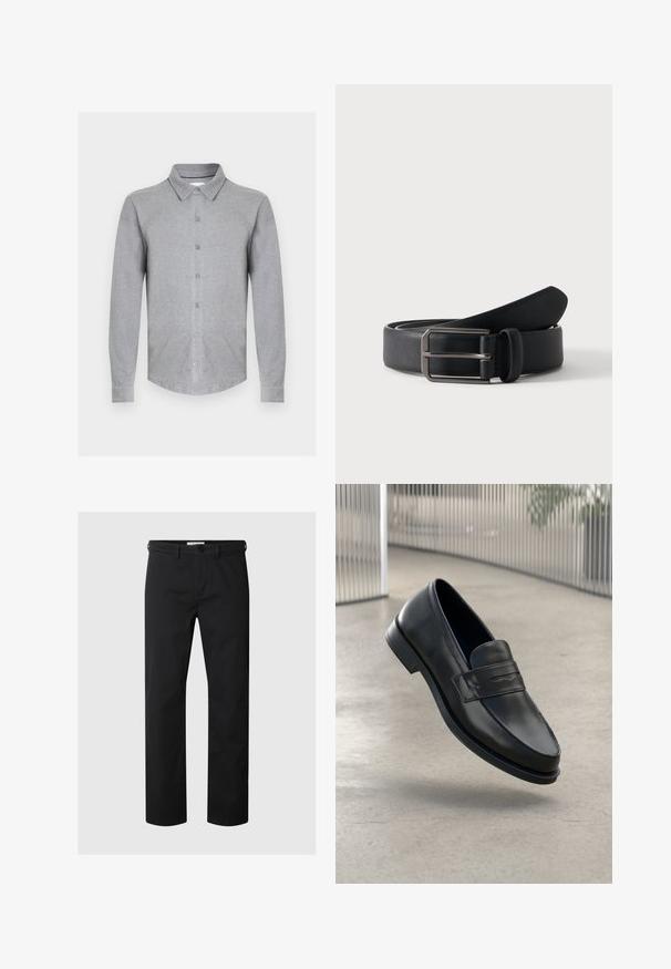 Chemise grise à manches longues en tissu doux, avec un col à revers, une fermeture boutonnée sur le devant et un ourlet arrondi. Design simple sans motifs.; Pantalon noir à jambes droites avec passants de ceinture et fermeture par bouton à la taille, présenté sur un fond clair uni.; Mocassin en cuir noir à texture lisse, bout pointu et bande décorative sur le cou-de-pied. Semelle légère, design minimaliste.; Ceinture en cuir noir roulée avec une boucle métallique argentée rectangulaire sur un fond clair uni.