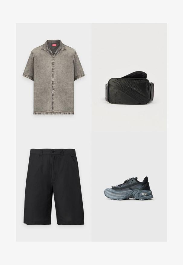 Chemise à manches courtes, boutonnée, en denim gris délavé avec un col et une étiquette de la marque Diesel rouge à l'intérieur de l'encolure.; Shorts noirs mi-genoux avec bouton frontal, fermeture éclair, poches latérales et passants de ceinture, présentés sur un fond clair uni.; Baskets Diesel noires et grises avec semelle épaisse, système de laçage à bascule et design texturé sur fond gris clair uni.; Ceinture noire présentant un design texturé avec un logo en relief bien visible. Le matériau semble lisse avec une finition en cuir.
