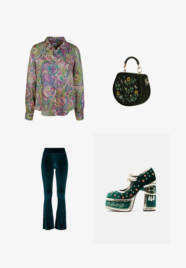 Chemise à boutons avec un motif paisley aux couleurs vives, principalement rose, vert et violet ; fabriquée en tissu lisse avec un col structuré.; Pantalon évasé couleur sarcelle en velours doux, doté d'une taille haute et d'une texture lisse, se rétrécissant vers l'ourlet avec de légères ouvertures.; Chaussure à plateforme en velours vert avec des clous décoratifs rouges et argentés, des brides en perles, une bordure dorée, une broderie et un talon bloc avec des perles pendantes et un charme "B".; Sac à main vert foncé de forme ronde, avec poignée supérieure, orné de broderies de tournesols, feuilles, libellule, papillon et oiseau.