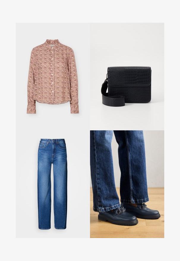 Langärmliges Hemd mit Knopfleiste und geometrischem Muster in Brauntönen, Beige und Hellviolett, mit Kragen und Manschetten.; Blaue Jeans mit weitem Bein und hoher Taille aus Denim, ausgestattet mit fünf Taschen, Gürtelschlaufen und dezentem Verblassen, mit hellerer Naht versehen.; Dunkelblaue Leder Schuhe mit einer massiven Sohle und Kettendetails auf dem Obermaterial, kombiniert mit lockeren, dunkelblauen Jeans.; Schwarze Tasche mit Krokodilstruktur, rechteckiger Form, umschlagartiger Klappe und abnehmbarem Trageriemen. Verfügt über eine glatte Oberfläche und glänzendes Aussehen.