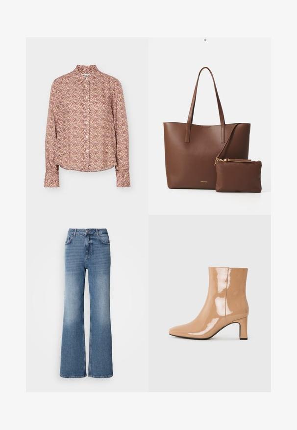 Langærmet skjorte med knapper og geometrisk mønster i nuancer af brun, beige og lys lilla, med krave og manchetter.; Mos Mosh MAI - Jeans Straight Leg - blue wash; Nude patent ankelstøvler med spids tå, en skinnende overflade og en blokhæl i mellem højde. Glat tekstur og strømlinet silhuet.; Brun faux læder tote taske med to lange håndtag og en matchende lille pung. Overfladen har et struktureret mønster og guldfarvede hardware detaljer.