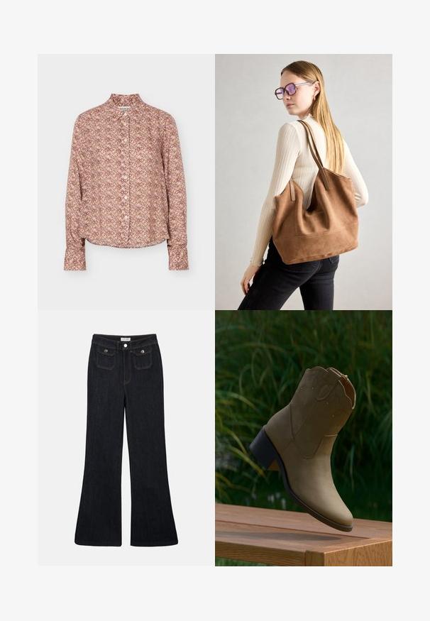 Chemise à manches longues boutonnée avec un motif géométrique dans des tons marron, beige et violet clair, avec un col et des poignets.; Jeans en denim foncé évasés avec une taille haute, deux poches avant et des coutures orange. Le matériau semble robuste et lisse.; Bottine en daim couleur fauve avec surpiqûres décoratives et petit talon carré, posée au bord d'une surface en bois en extérieur.; Sac fourre-tout en daim marron avec une texture douce, grande ouverture et longues sangles. Présente un design simple avec des coutures visibles et sans matériel.